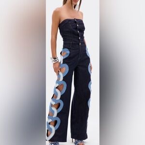 NWT AKIRA Stylish strapless stretchy Denim Jumpsuit with Heart Cutouts size L